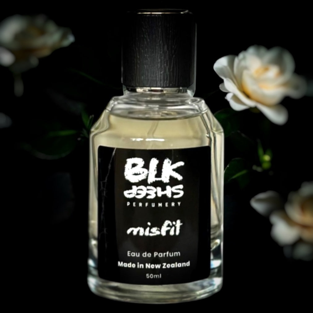 Misfit 50 ml floral niche perfume NZ made with sustainable ingredients. Long lasting gardenia perfume by BLK Sheep Perfumery.
