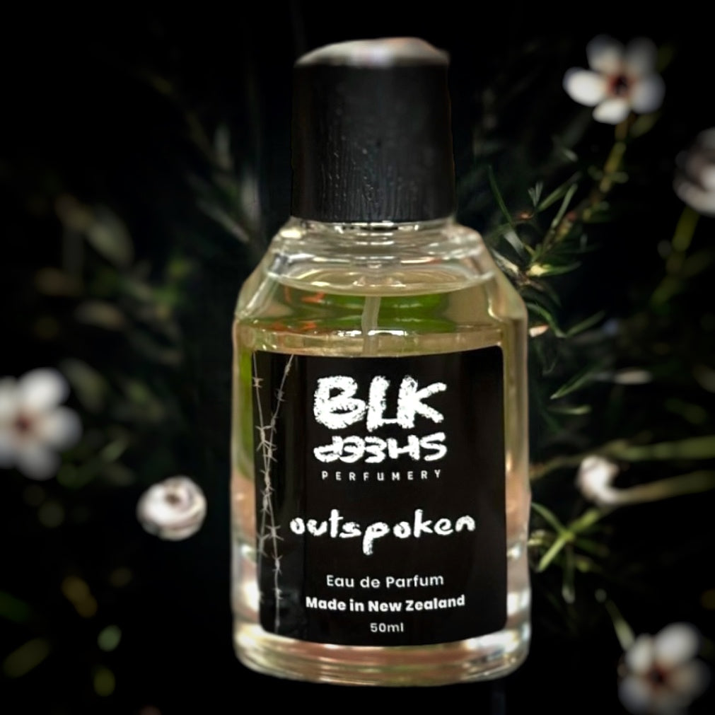 Outspoken 50ml Manuka, Anise and Blackcurrant niche perfume NZ. Made in New Zealand with sustainable and etihcal ingredients. Unisex natural perfume by BLK Sheep Perfumery.