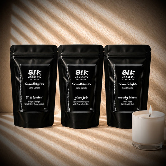 Scented sand wax scandlelights by BLK Sheep perfumery. 3 x Fragrance set.