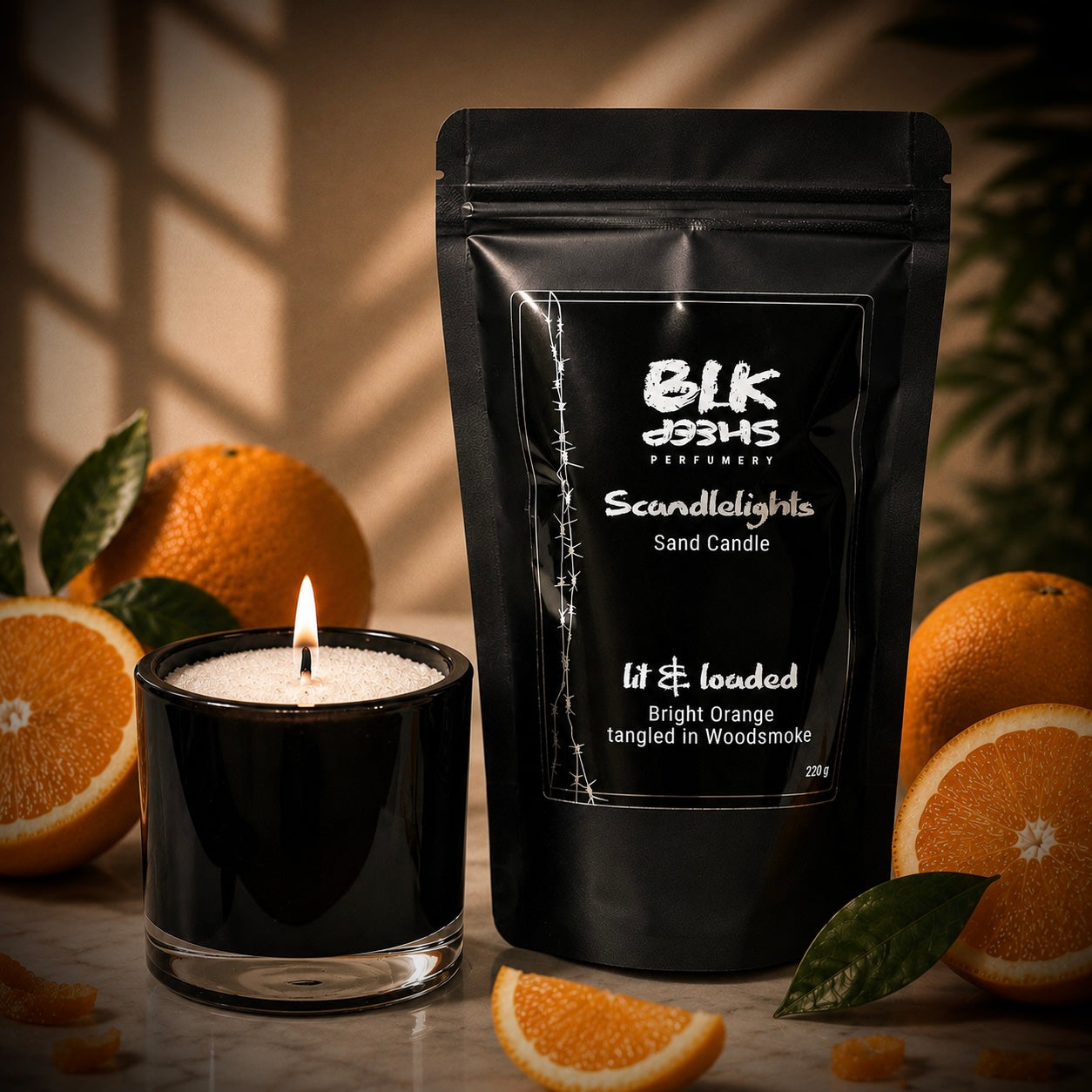 Orange and cedar scented candle. NZ home fragrance made from plant based wax. Versatile, reusable and eco friendly made from sustainable ingredients. Scandlelights sand candle by BLK Sheep Perfumery.