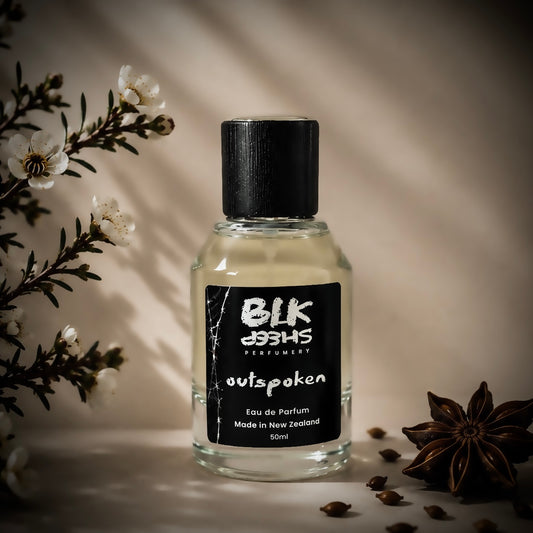 Outspoken 50ml Manuka, Anise and Blackcurrant niche perfume NZ. Made in New Zealand with sustainable and etihcal ingredients. Unisex natural perfume by BLK Sheep Perfumery.