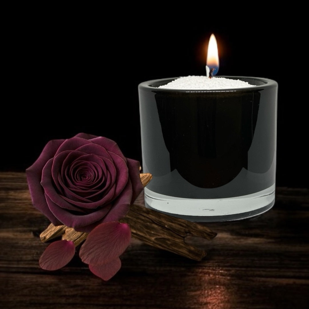 Scented sand wax candle NZ. Rose and Oud home fragrance. Sustainable candle, less waste and reusable. Scandlelights Made by BLK Sheep Perfumery Niche Perfume House NZ