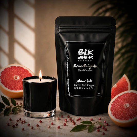 Uplifting Grapefruit and pink pepper scented candle. 100% Plant based sand wax. Scandlelights by BLK Sheep Perfumery NZ. Reusable and less waste home fragrance.