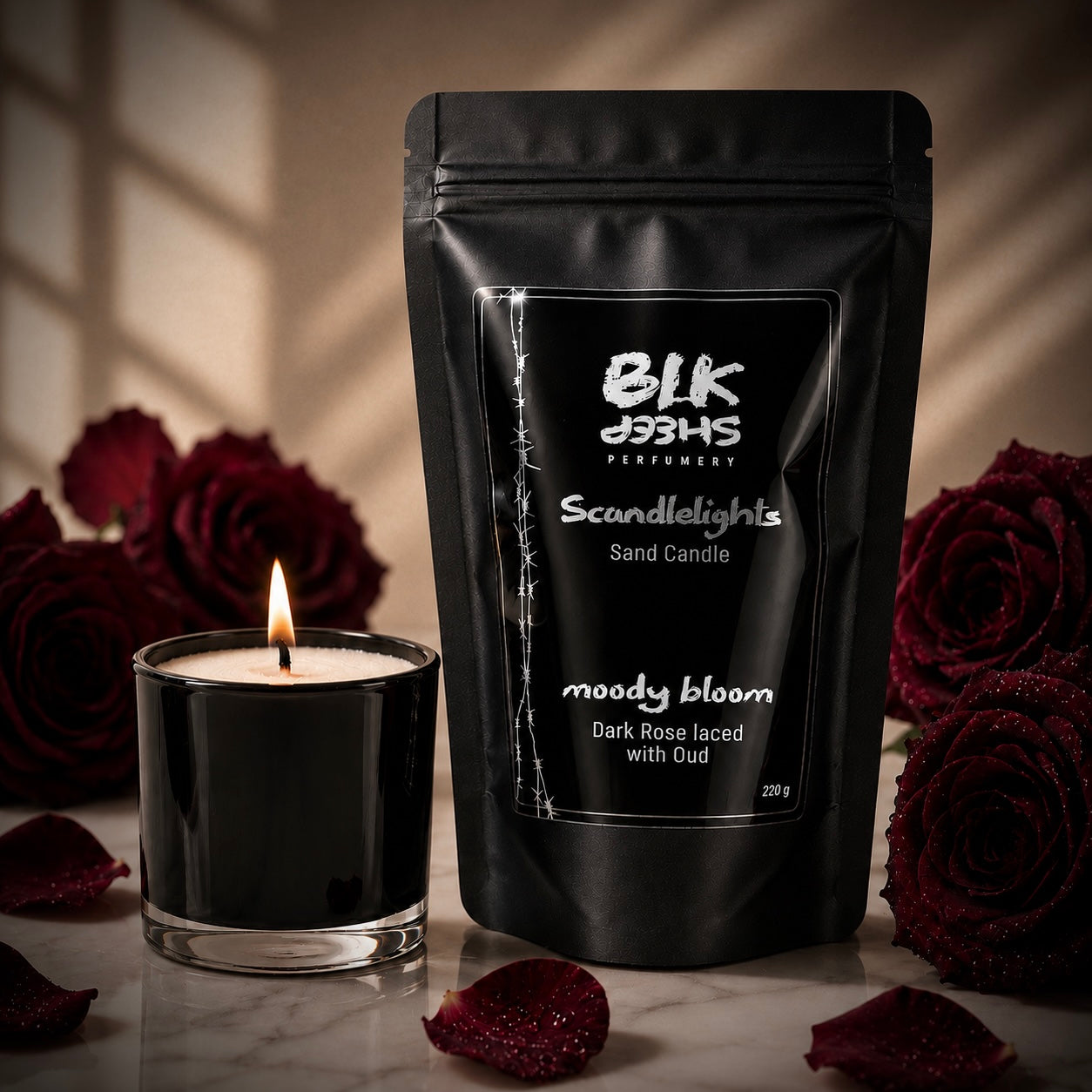 Scandlelights by BLK Sheep Perfumery. Rose Candle NZ. Home fragrance. Plant Based sand wax clean burning with reusable jar.
