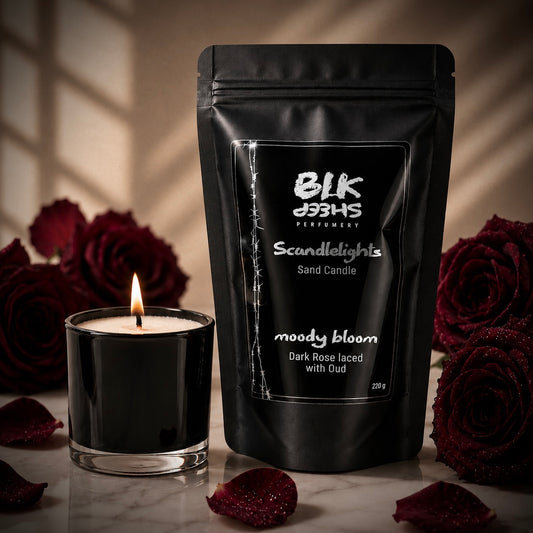 Scandlelights by BLK Sheep Perfumery. Rose Candle NZ. Home fragrance. Plant Based sand wax clean burning with reusable jar.