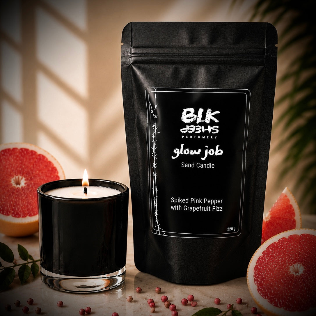 Scented sand wax candle. Glow Job spiked pepper and grapefruit home fragrance. Scandlelights by BLK Sheep Perfumery. Reusable and sustainable  plant based wax.