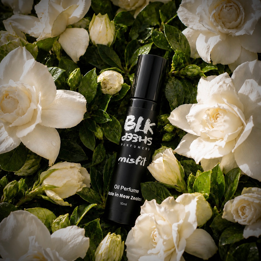 Misfit, twisted gardenia floral oil perfume. Sweet and romantic scent made from organic CCT oil with niche fragrance NZ. Alcohol Free perfume in a rollerball. By BLK Sheep Perfumery