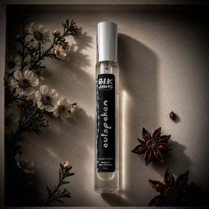Outspoken a spicy manuka, anise and black currant niche perfume. Long lasting fragrance in a 10 ml travel size atomiser. Made in New Zealand with natural and sustainable ingredients.