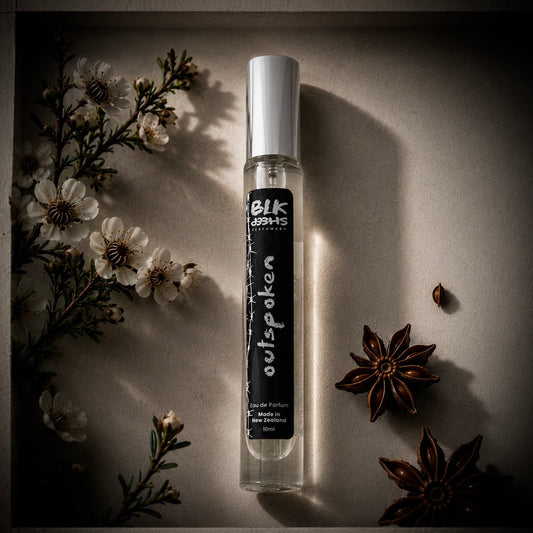 Outspoken a spicy manuka, anise and black currant niche perfume. Long lasting fragrance in a 10 ml travel size atomiser. Made in New Zealand with natural and sustainable ingredients.
