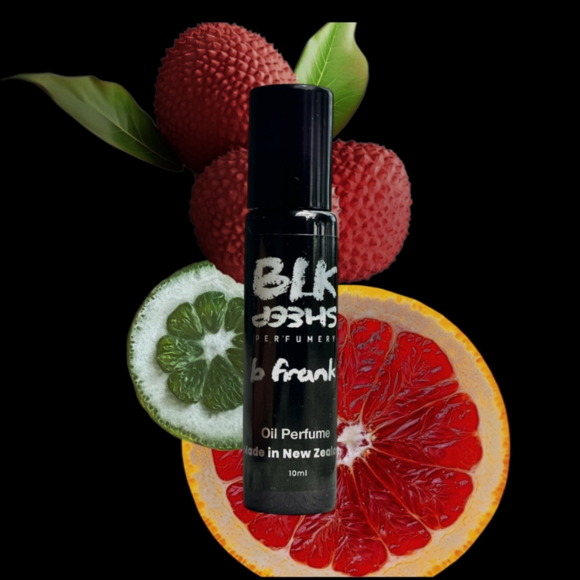 B Frank Citrus, Green Tea and Lychee fresh smelling perfume oil in a handy roll on. Made with organic CCT and premium fragrance. Alcohol free perfume made in NZ by BLK Sheep Perfumery.