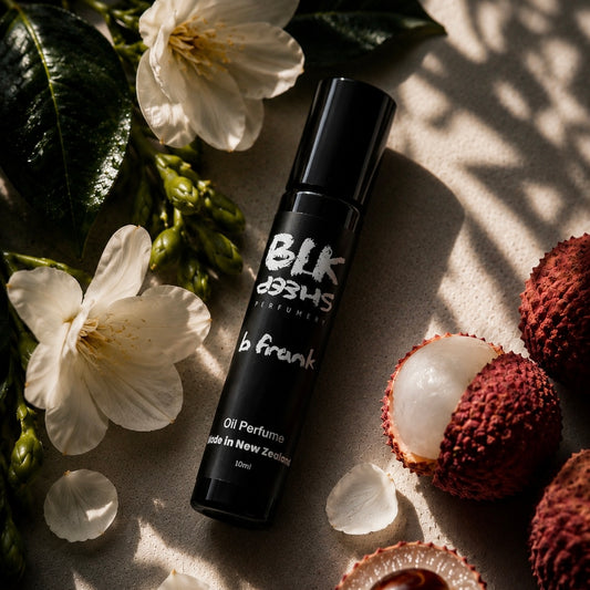 B Frank Citrus, Green Tea and Lychee fresh smelling perfume oil in a handy roll on. Made with organic CCT and premium fragrance. Alcohol free perfume made in NZ by BLK Sheep Perfumery.