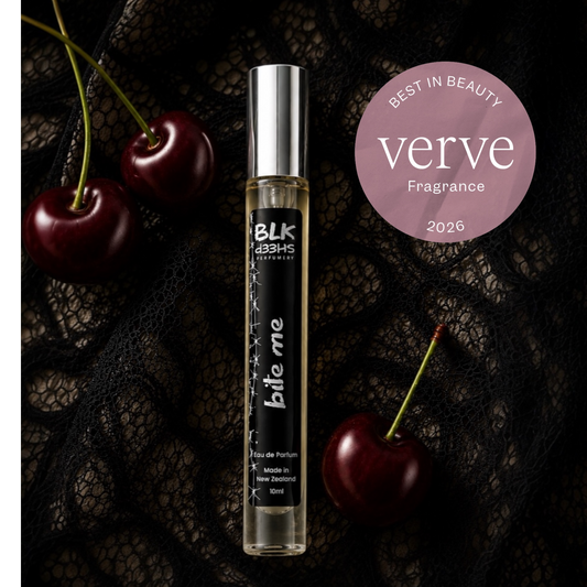 Niche Cherry perfume, Bite Me.
New Zealand made sustainable perfume by BLK Sheep Perfumery Niche Cherry perfume, Bite Me.
New Zealand made sustainable perfume by BLK Sheep Perfumery Verve magazine Best in Beauty 2026