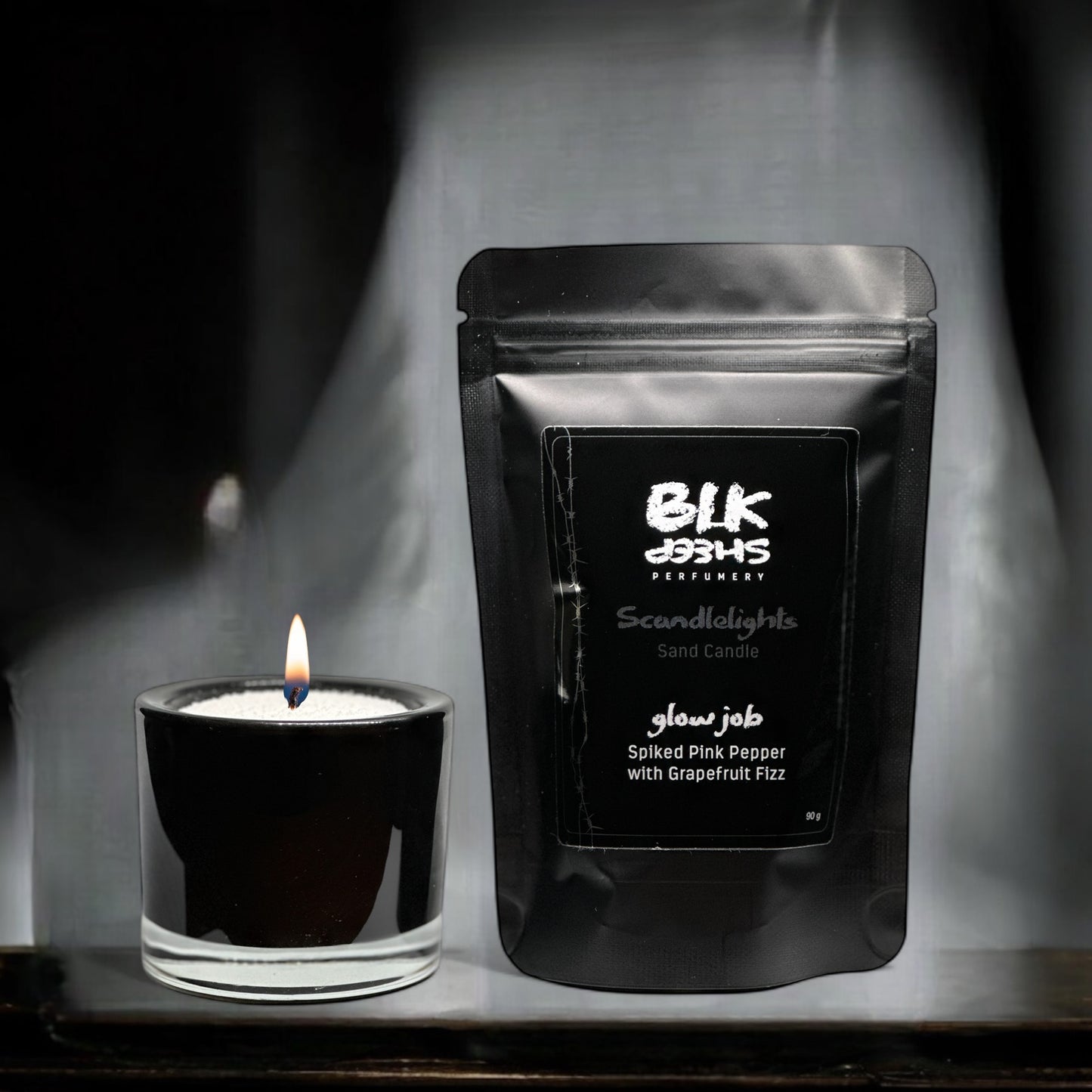 Refillable mini candle set with 90g scented sand wax and glass jar. Scandlelights by BLK Sheep Perfumery NZ.