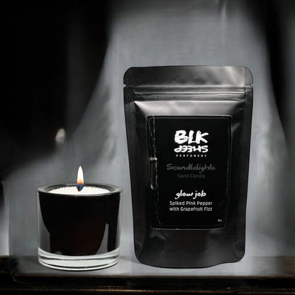 Refillable mini candle set with 90g scented sand wax and glass jar. Scandlelights by BLK Sheep Perfumery NZ.