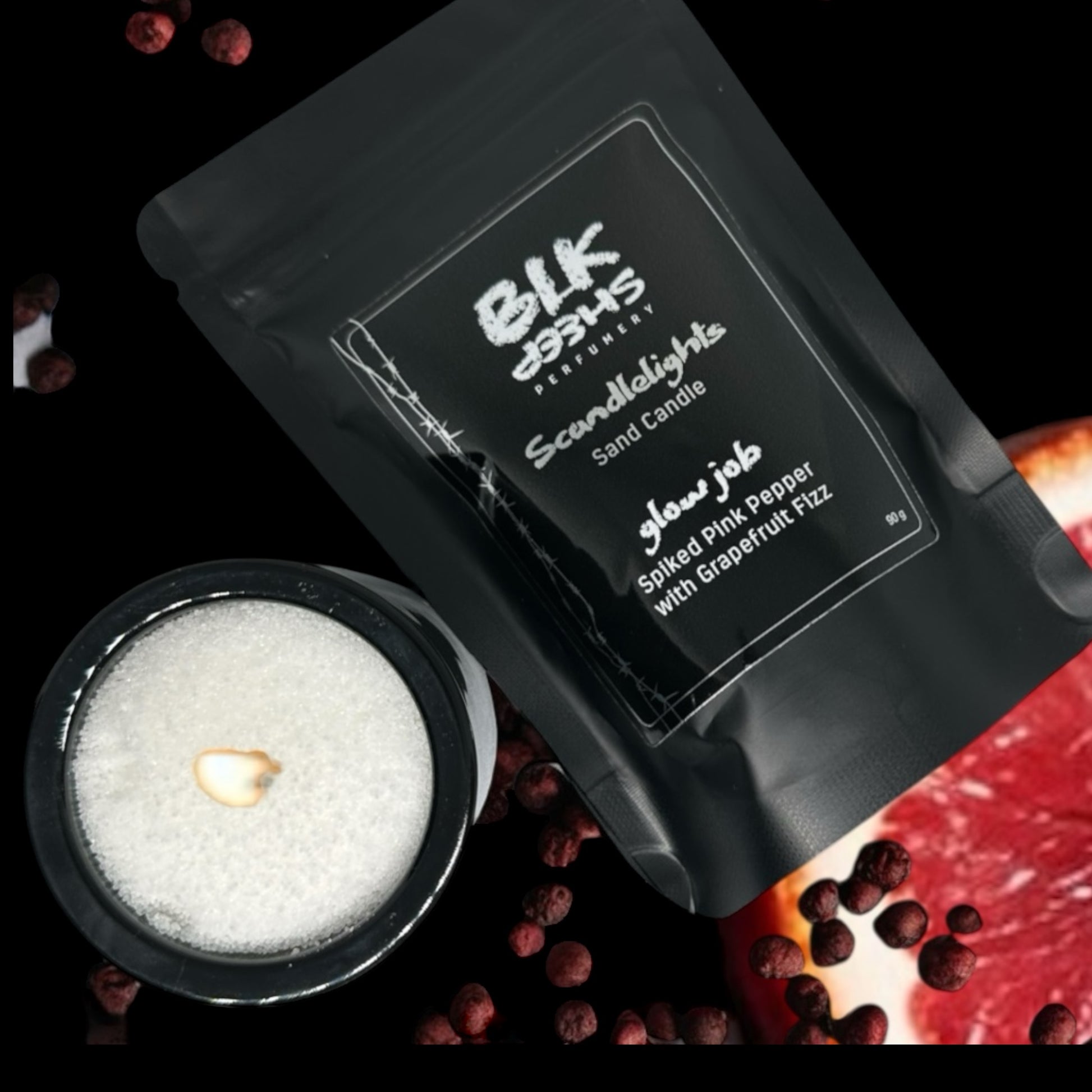 Uplifting Grapefruit and pink pepper scented candle. 100% Plant based sand wax. Scandlelights by BLK Sheep Perfumery NZ. Reusable and less waste home fragrance.