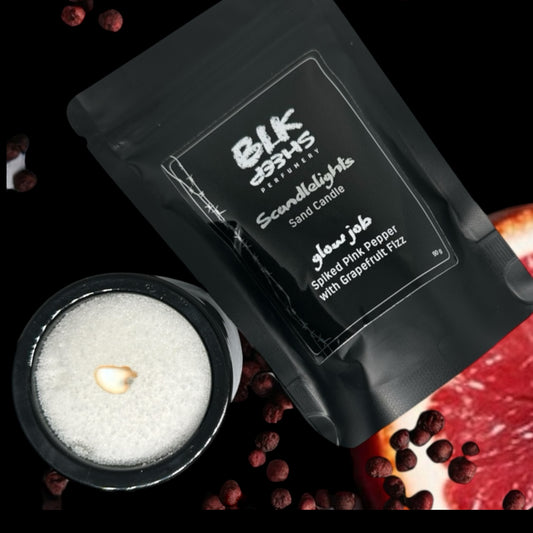 Uplifting Grapefruit and pink pepper scented candle. 100% Plant based sand wax. Scandlelights by BLK Sheep Perfumery NZ. Reusable and less waste home fragrance.