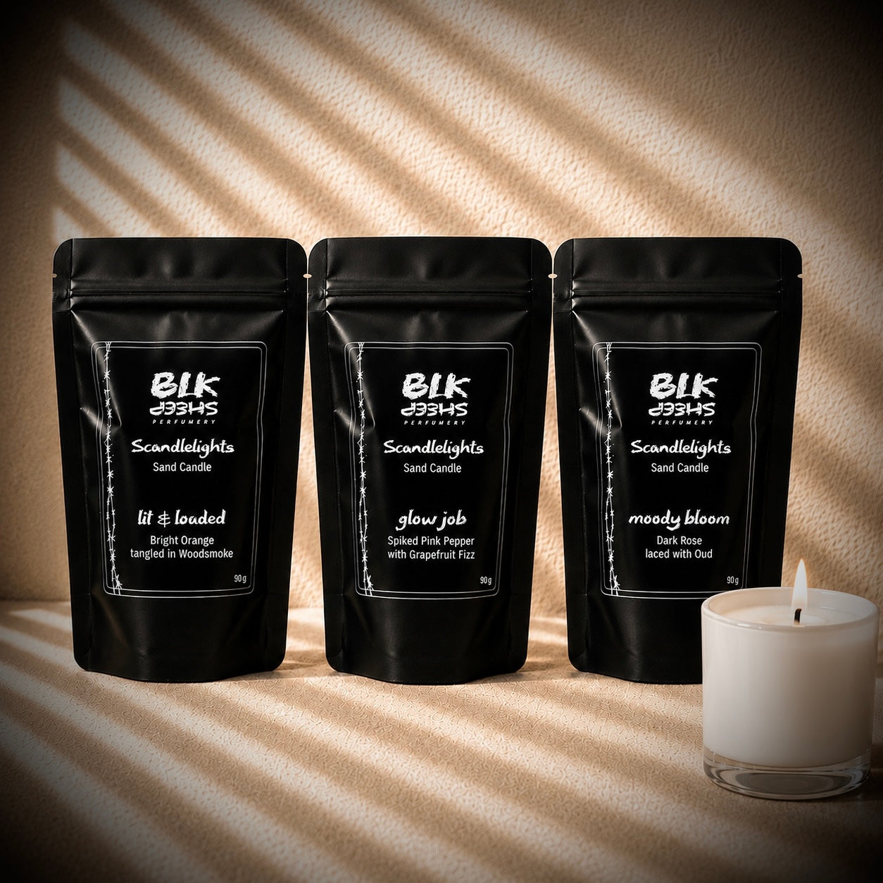 Scented sand wax scandlelights by BLK Sheep perfumery. 3 x Fragrance set.