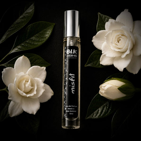 Perfume made in NZ. Misfit is a niche floral, gardenia and rose perfume.  Convenient travel size of 10ml. BLK Sheep Perfumery perfumes are made with sustainable ingredients.