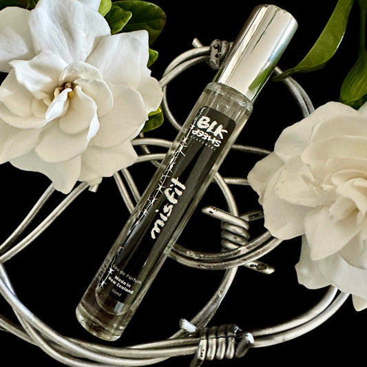 Misfit is a niche floral, gardenia and rose perfume.  Convenient travel size of 10ml. BLK Sheep Perfumery perfumes are made with sustainable ingredients.