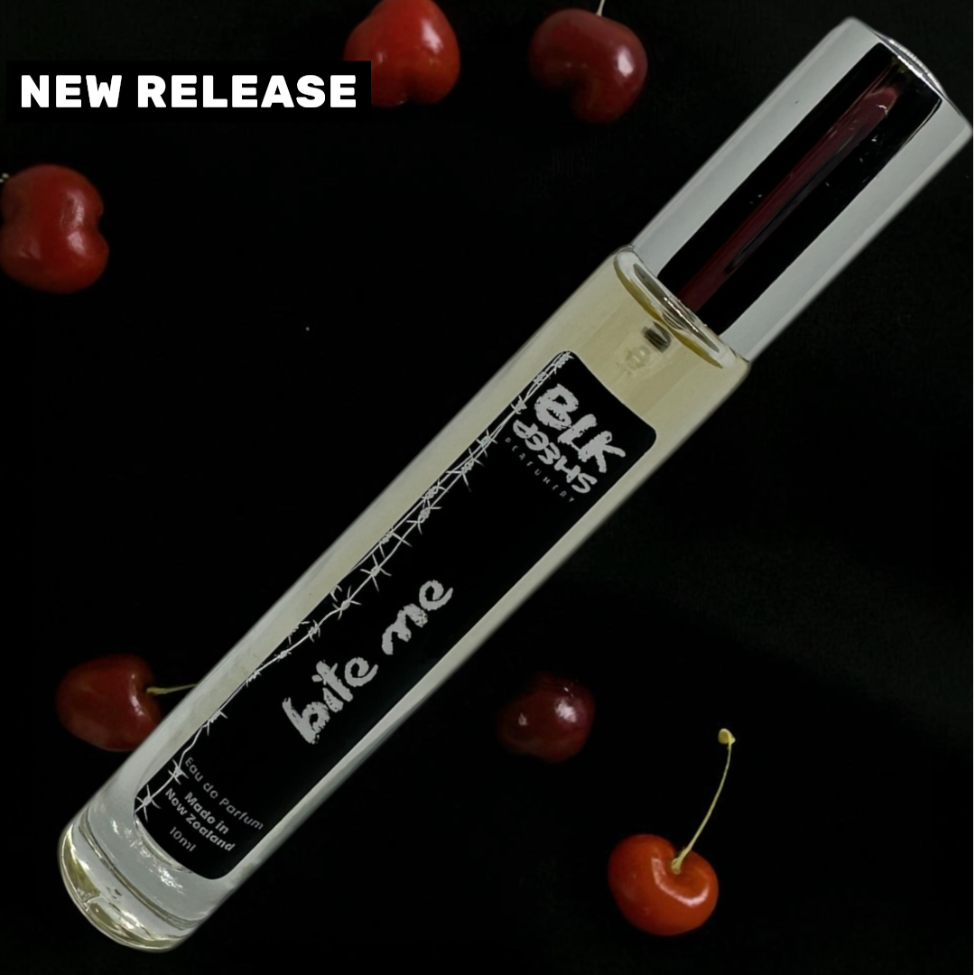 Niche Cherry perfume, Bite Me.
New Zealand made sustainable perfume by BLK Sheep Perfumery
