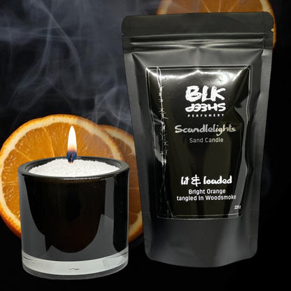 Orange and cedar scented candle. NZ home fragrance made from plant based wax. Versatile, reusable and eco friendly made from sustainable ingredients. Scandlelights sand candle by BLK Sheep Perfumery.