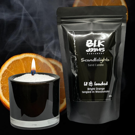 Orange and cedar scented candle. NZ home fragrance made from plant based wax. Versatile, reusable and eco friendly made from sustainable ingredients. Scandlelights sand candle by BLK Sheep Perfumery.