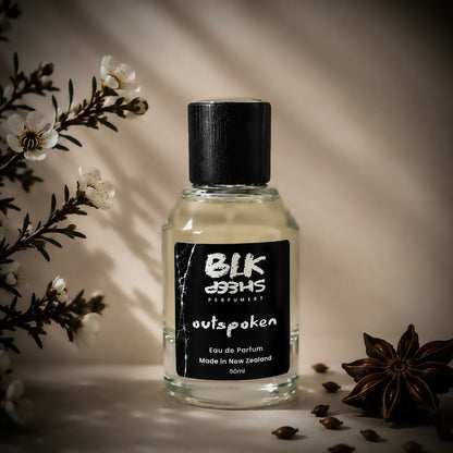 Outspoken 50ml Manuka, Anise and Blackcurrant niche perfume NZ. Made in New Zealand with sustainable and etihcal ingredients. Unisex natural perfume by BLK Sheep Perfumery.