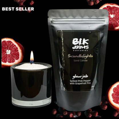 Scented sand wax candle. Glow Job spiked pepper and grapefruit home fragrance. Scandlelights by BLK Sheep Perfumery. Reusable and sustainable  plant based wax.