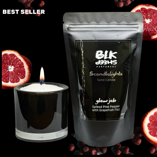 Scented sand wax candle. Glow Job spiked pepper and grapefruit home fragrance. Scandlelights by BLK Sheep Perfumery. Reusable and sustainable  plant based wax.