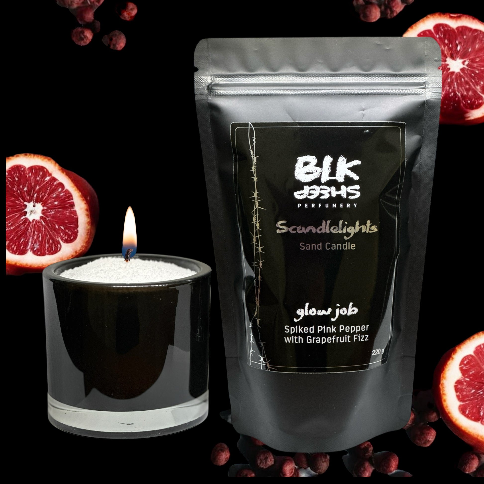 Scented sand wax candle. Glow Job spiked pepper and grapefruit home fragrance. Scandlelights by BLK Sheep Perfumery. Reusable and sustainable  plant based wax.