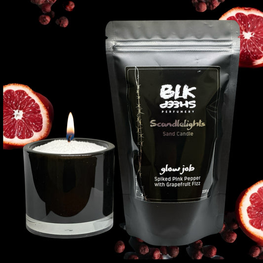 Scented sand wax candle. Glow Job spiked pepper and grapefruit home fragrance. Scandlelights by BLK Sheep Perfumery. Reusable and sustainable  plant based wax.