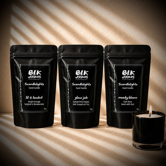Explore scented sand wax scandlelights by BLK Sheep perfumery. 3 x Fragrance set.