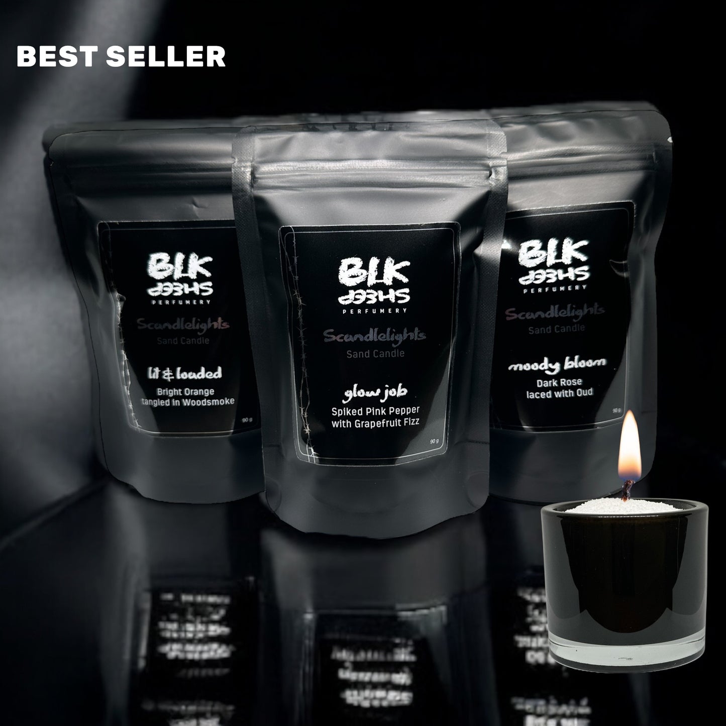Explore scented sand wax scandlelights by BLK Sheep perfumery. 3 x Fragrance set.
