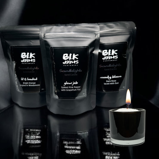 Explore scented sand wax scandlelights by BLK Sheep perfumery. 3 x Fragrance set.