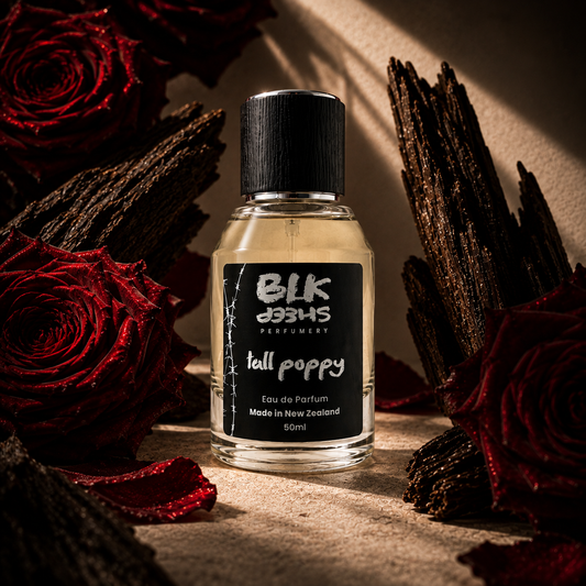 Rose and Amber Eau de Parfum, made in New Zealand by BLK Sheep Perfumery. Tall Poppy Uncut Rose
