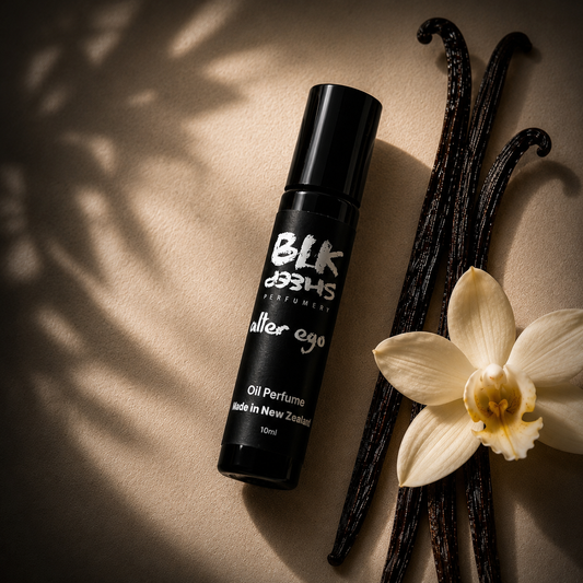 Boozy Vanilla roll on oil perfume. Niche Perfume NZ made with sustainable ingredients. Made by BLK Sheep Perfumery